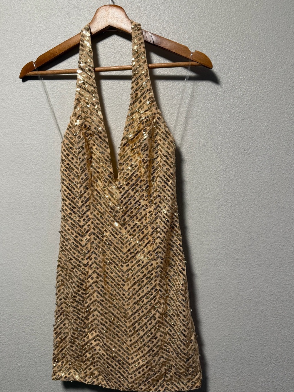 Oh Polly Gold Sequin Backless Halter Mini Dress